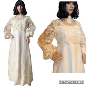 Vtg OOAK Lace Wedding dress scalloped sheer high neck & empire waist medium